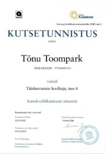 Tõnu Toompark: täiskasvanute koolitaja kutsetunnistus